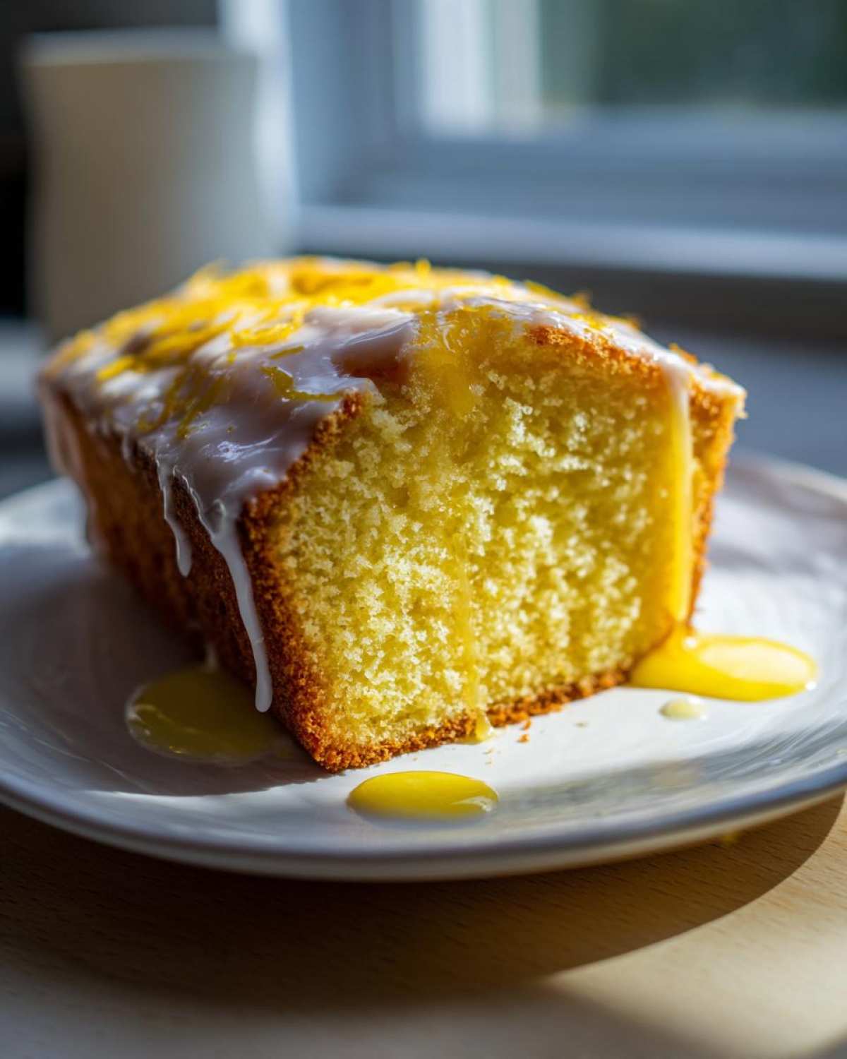 A close-up of a moist slice of lemon loaf cake topped with white glaze and bright yellow lemon zest.