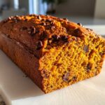 Close-up of a freshly baked, moist chocolate chip pumpkin bread loaf showing its rich orange crumb.