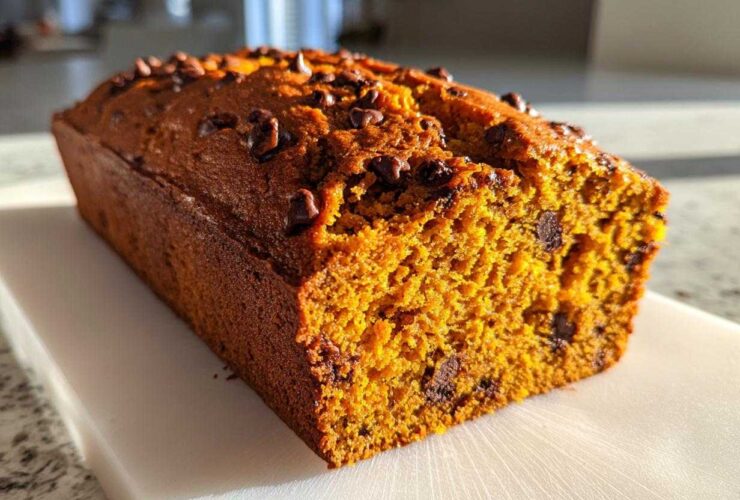 Close-up of a freshly baked, moist chocolate chip pumpkin bread loaf showing its rich orange crumb.