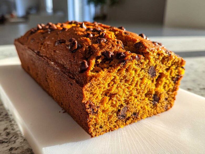 Close-up of a freshly baked, moist chocolate chip pumpkin bread loaf showing its rich orange crumb.