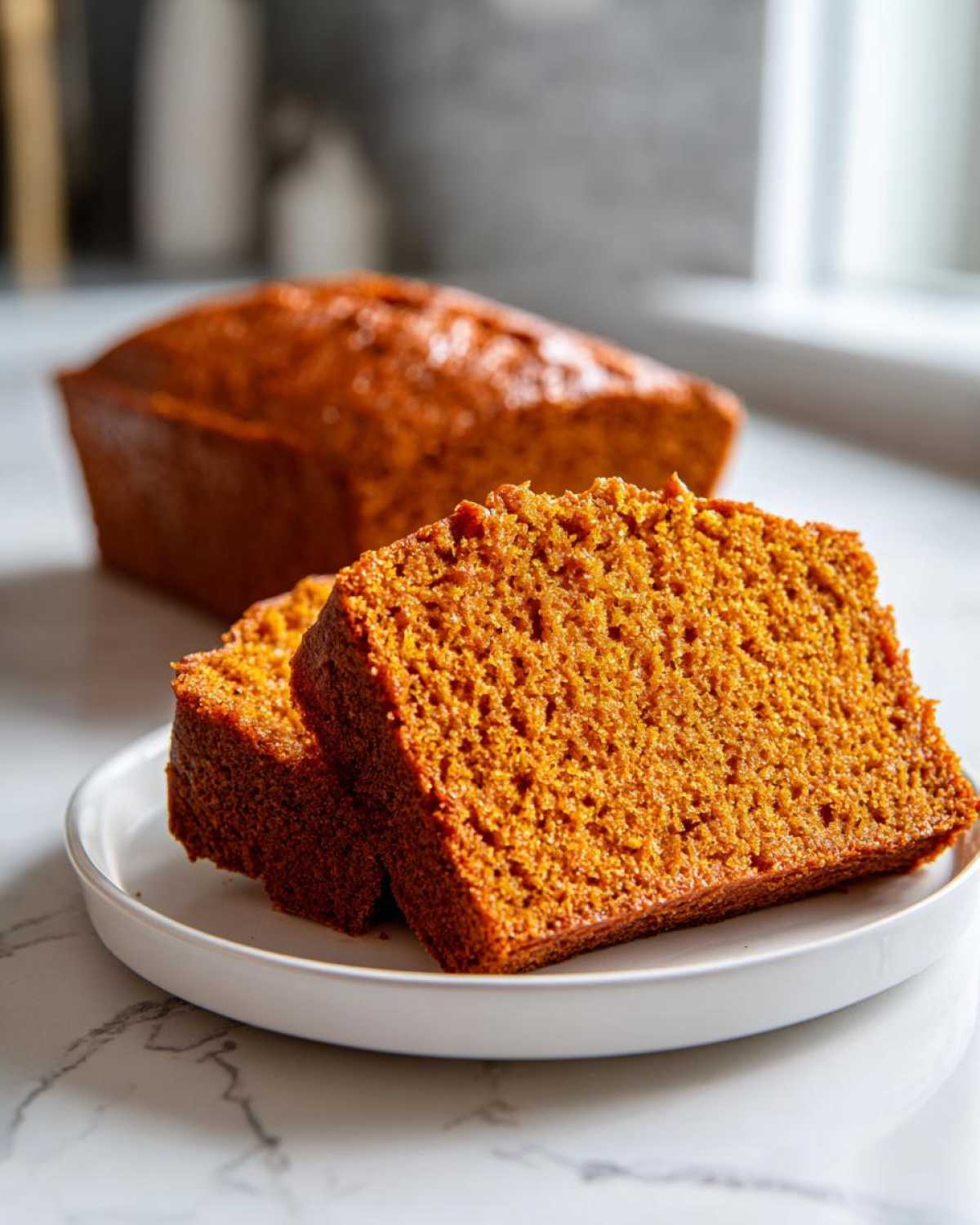 Two thick slices of moist pumpkin bread showing a rich orange crumb, served on a white plate with the loaf blurred in the background.