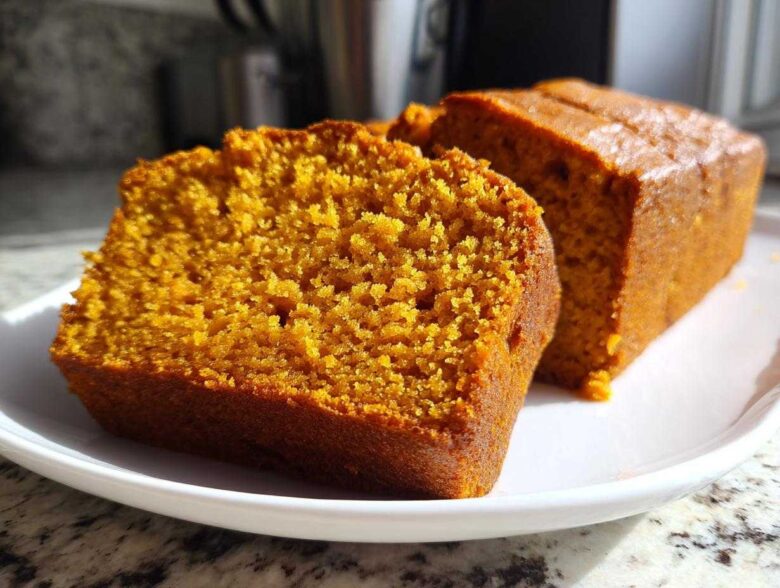 Two slices of vibrant orange, moist pumpkin bread resting on a white plate.