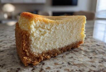 A thick, creamy slice of New York cheesecake with a golden-brown graham cracker crust on a speckled countertop.