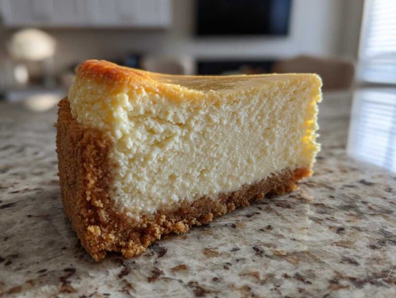 A thick, creamy slice of New York cheesecake with a golden-brown graham cracker crust on a speckled countertop.