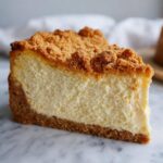 A close-up slice of creamy new york cheesecake featuring a thick graham cracker crust and a generous crumb topping.