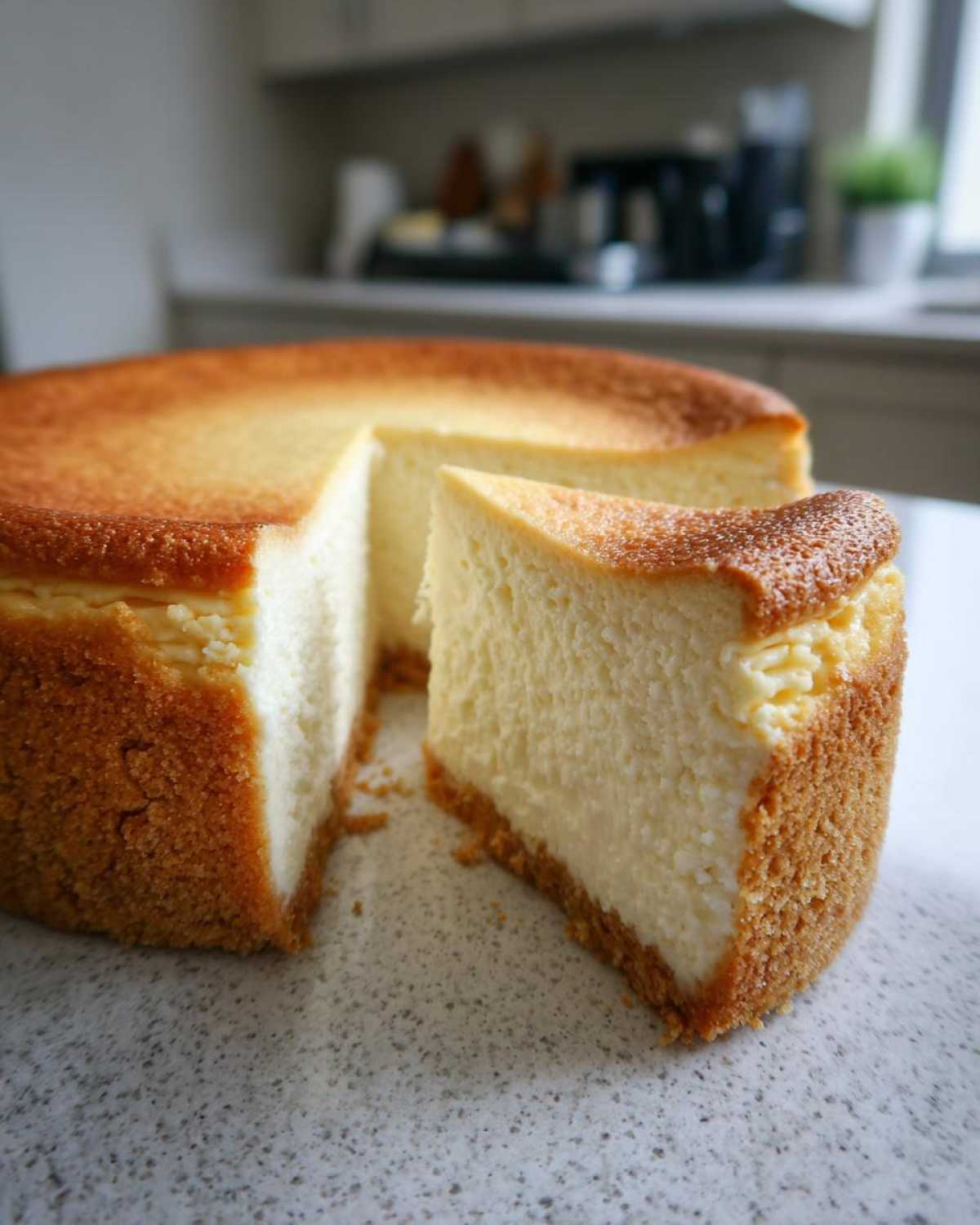 A whole, golden-brown New York cheesecake with one slice pulled out, showing the creamy interior.