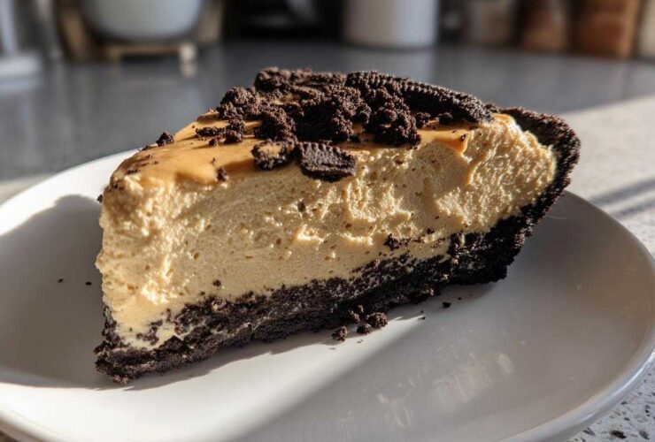 A thick slice of no bake peanut butter pie with a dark chocolate crust, topped with crumbs.