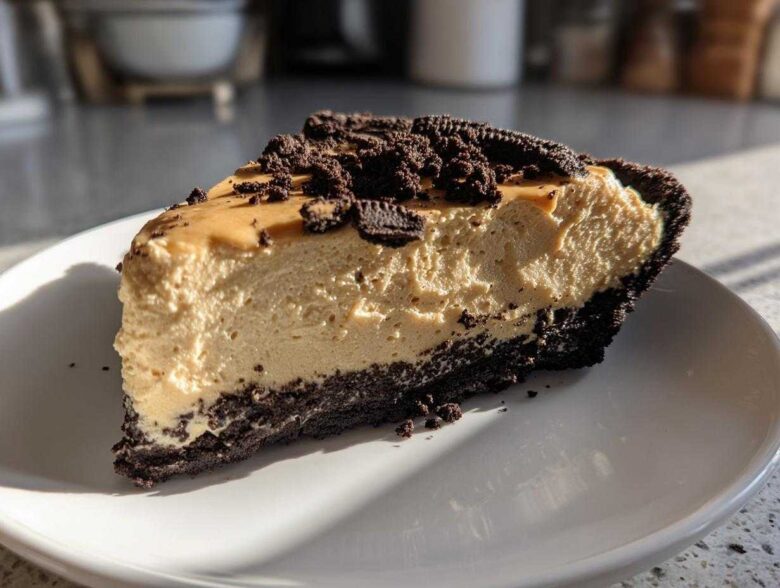A thick slice of no bake peanut butter pie with a dark chocolate crust, topped with crumbs.