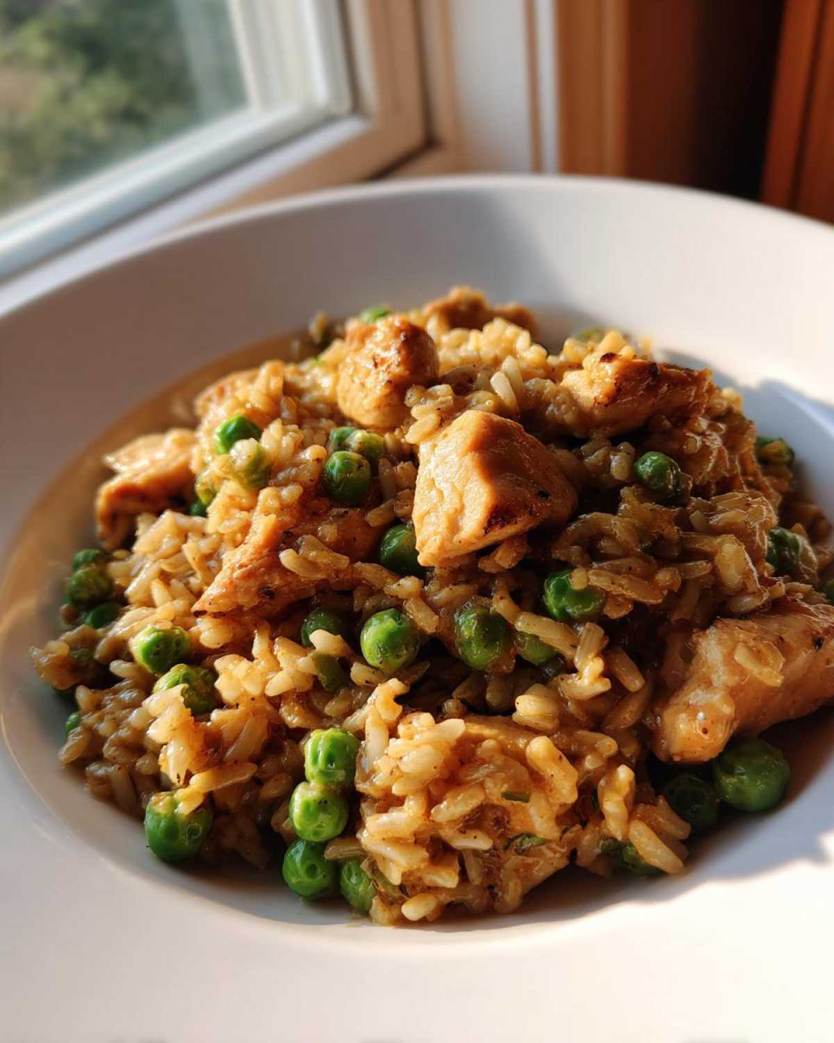 Close-up of a white bowl filled with savory one pot chicken and rice mixed with bright green peas.