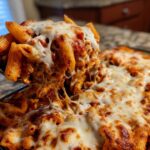 A serving spoon lifts a cheesy portion of baked pizza pasta, showing melted mozzarella strings.