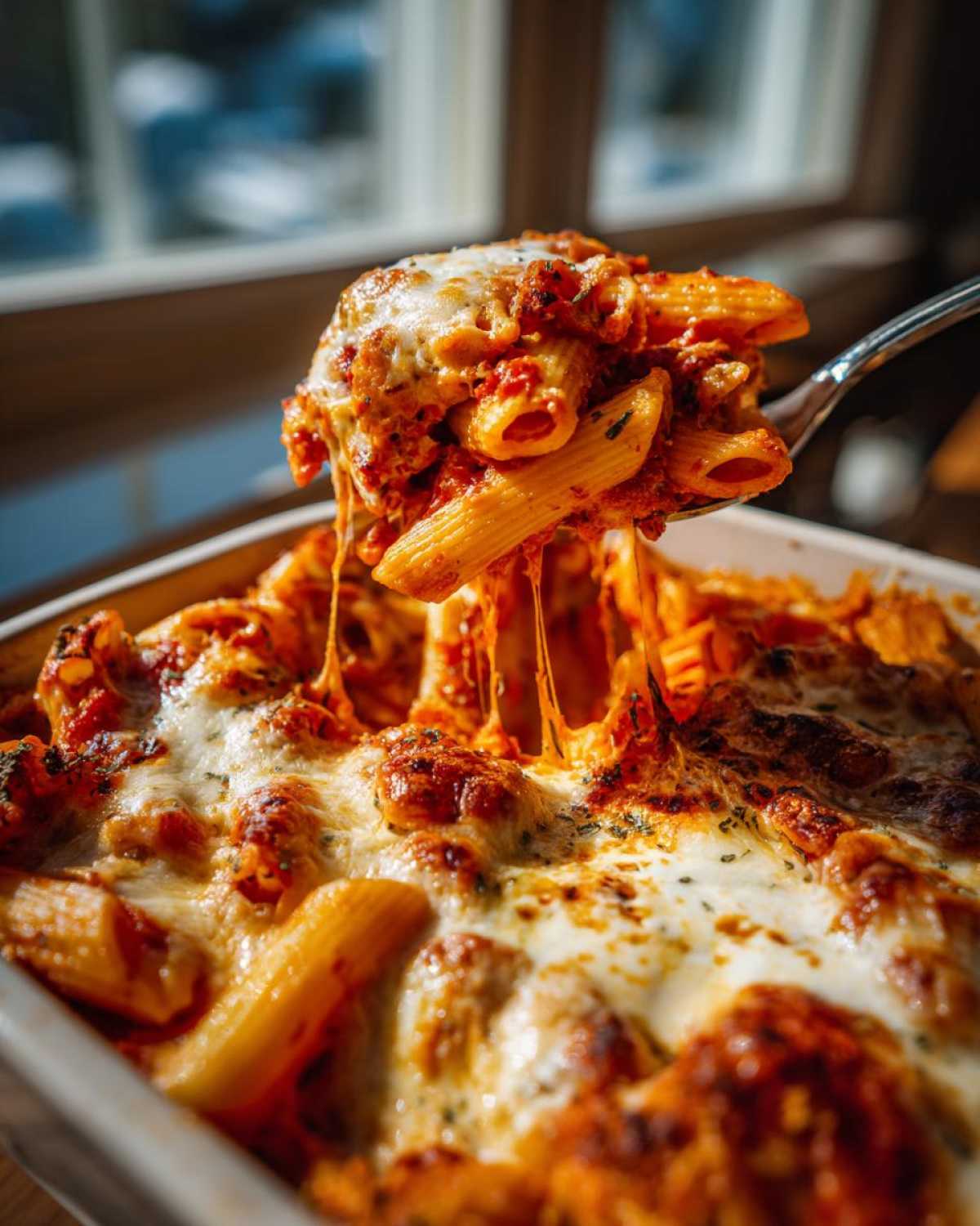 A spoonful of cheesy, saucy pizza pasta being lifted from a baking dish, showing excellent cheese pull.