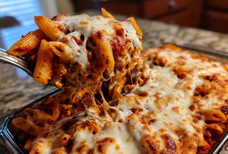 A serving spoon lifts a cheesy portion of baked pizza pasta, showing melted mozzarella strings.