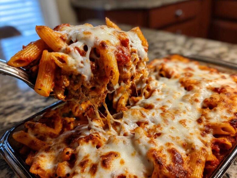 A serving spoon lifts a cheesy portion of baked pizza pasta, showing melted mozzarella strings.