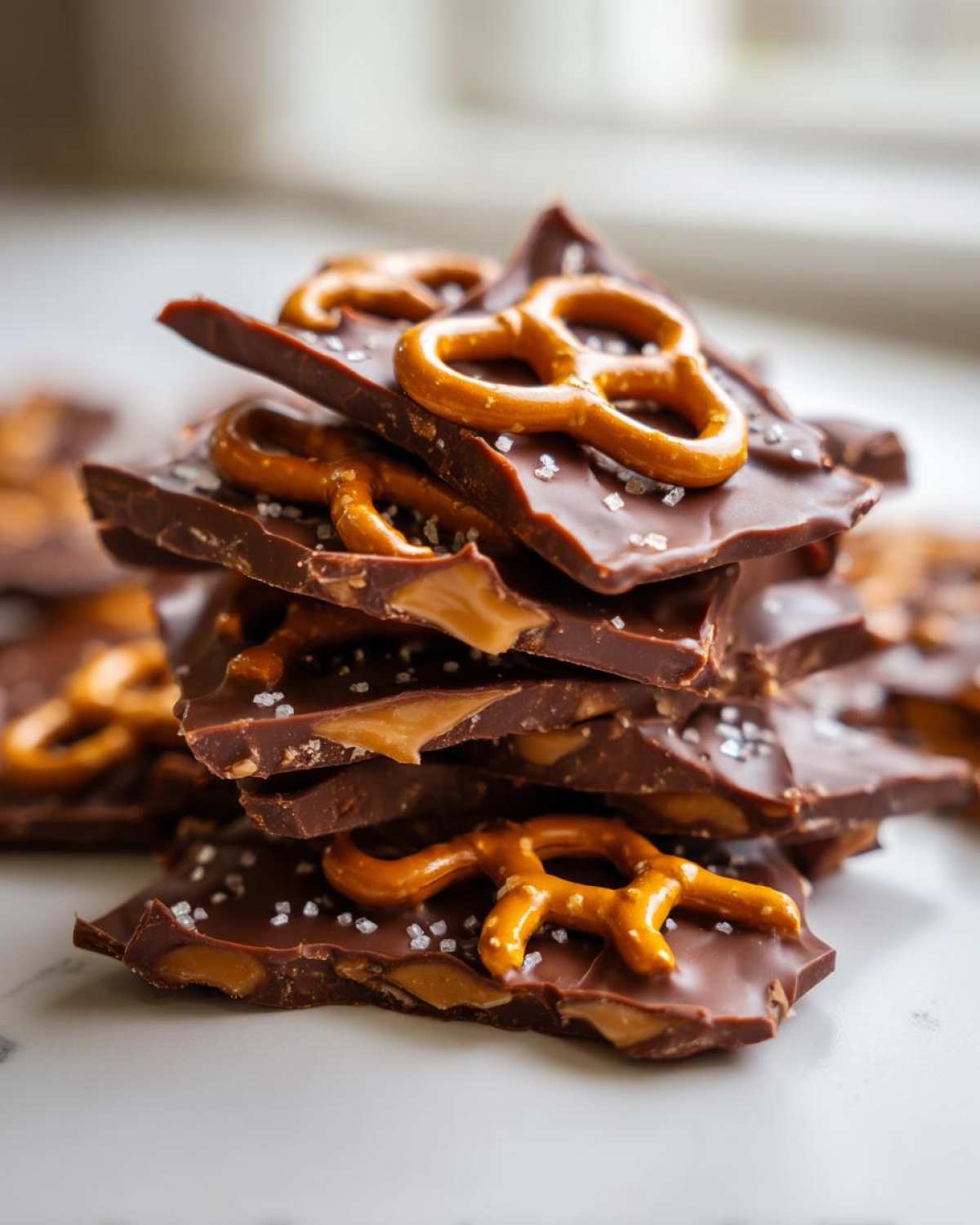 A stack of broken pieces of peanut butter pretzel bark, featuring dark chocolate, caramel filling, whole pretzels, and sea salt.