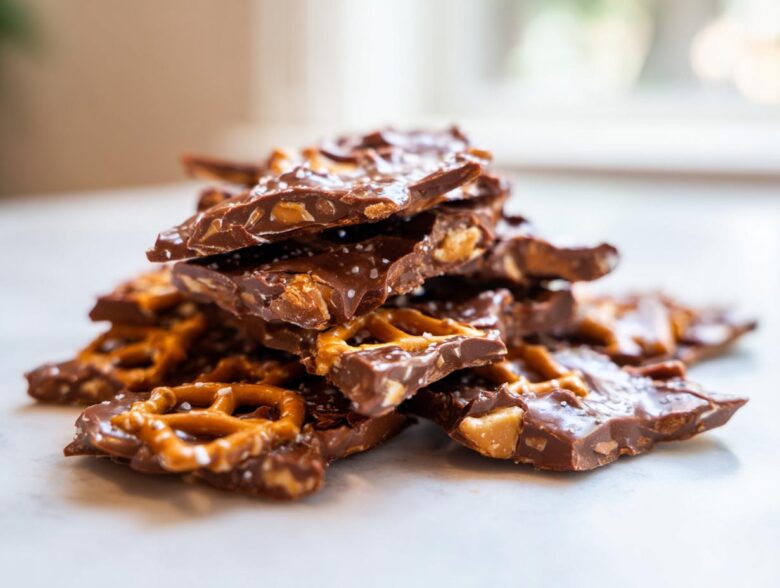 A stack of broken pieces of peanut butter pretzel bark, featuring chocolate, pretzels, and sea salt.