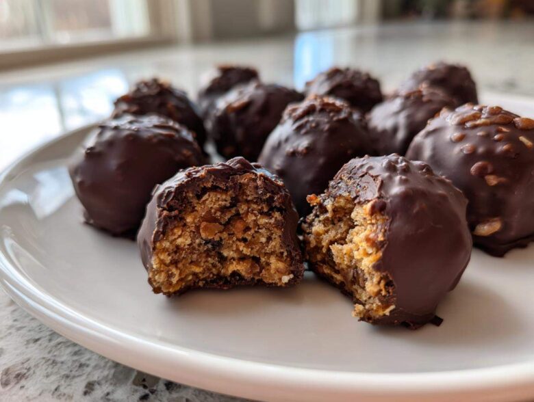 Close-up of chocolate-covered pecan pie balls, one cut in half revealing the textured, nutty interior.