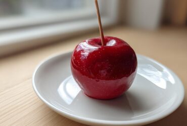 A single, glossy red candy apple with a wooden stick, resting on a white plate on a light wooden surface.