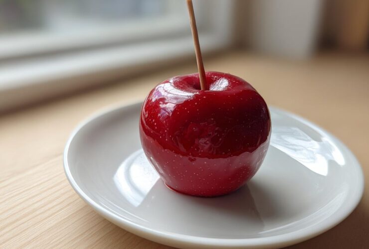 A single, glossy red candy apple with a wooden stick, resting on a white plate on a light wooden surface.