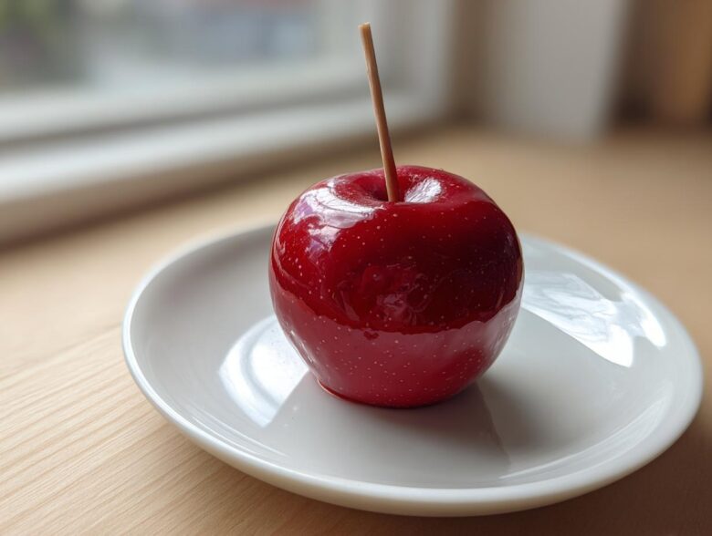 A single, glossy red candy apple with a wooden stick, resting on a white plate on a light wooden surface.
