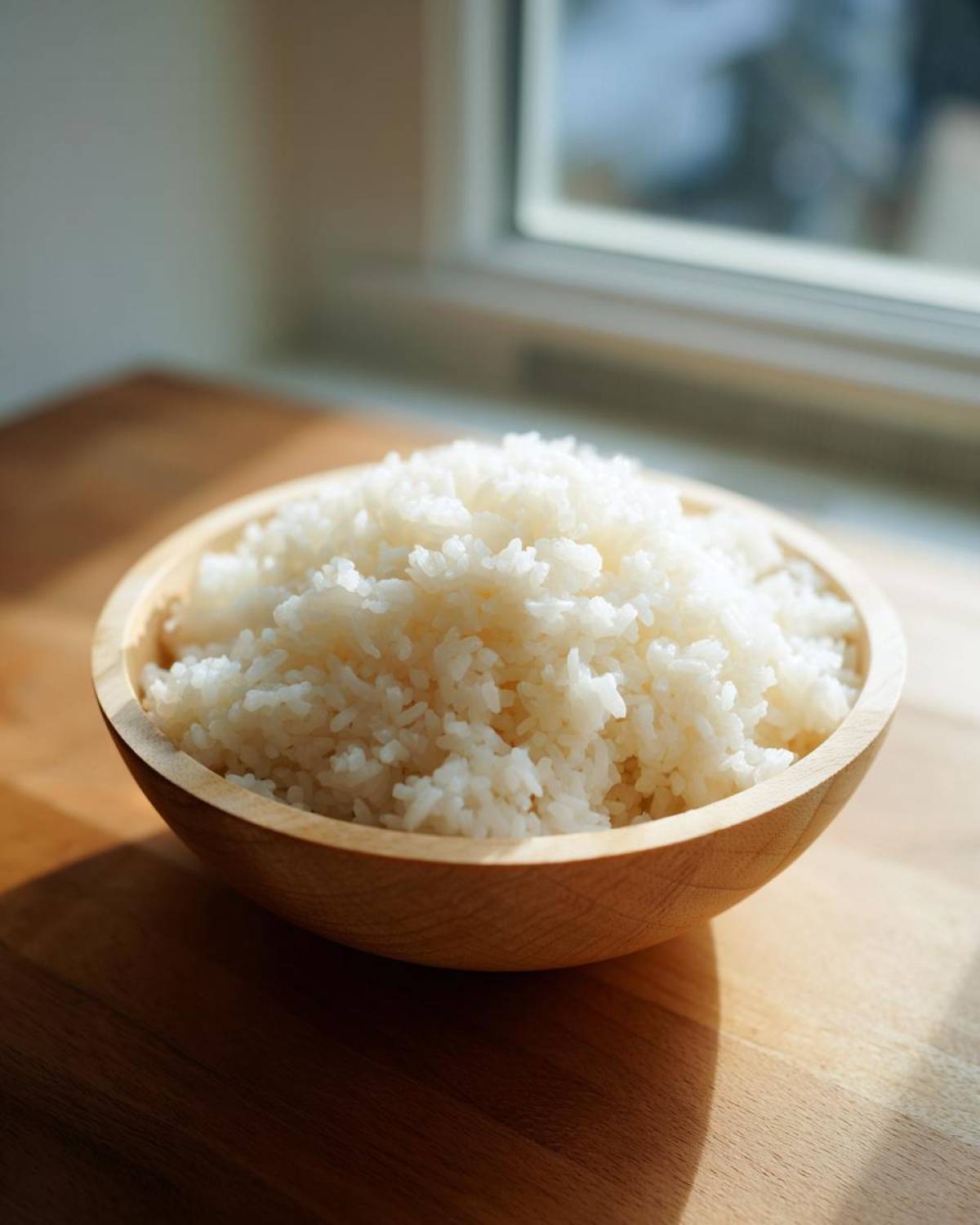A wooden bowl filled with fluffy, perfectly cooked sushi rice, illuminated by natural light near a window.