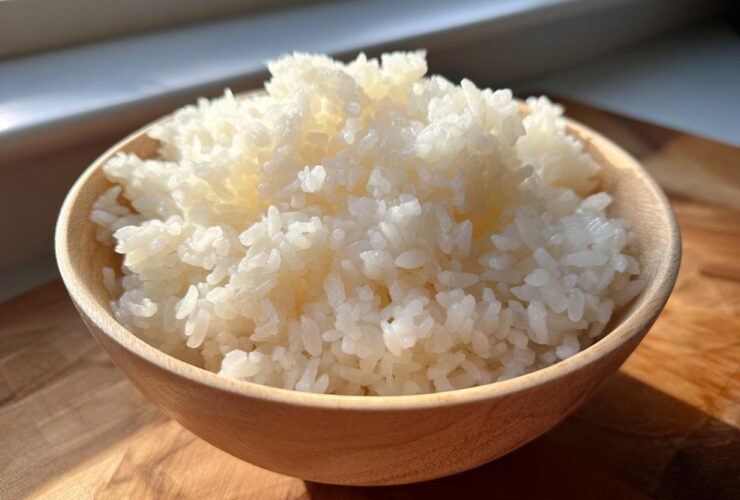 Close-up of fluffy, perfectly cooked sushi rice mounded high in a light wooden bowl.