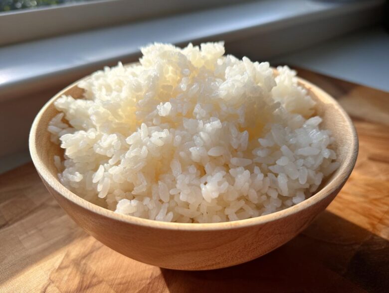 Close-up of fluffy, perfectly cooked sushi rice mounded high in a light wooden bowl.