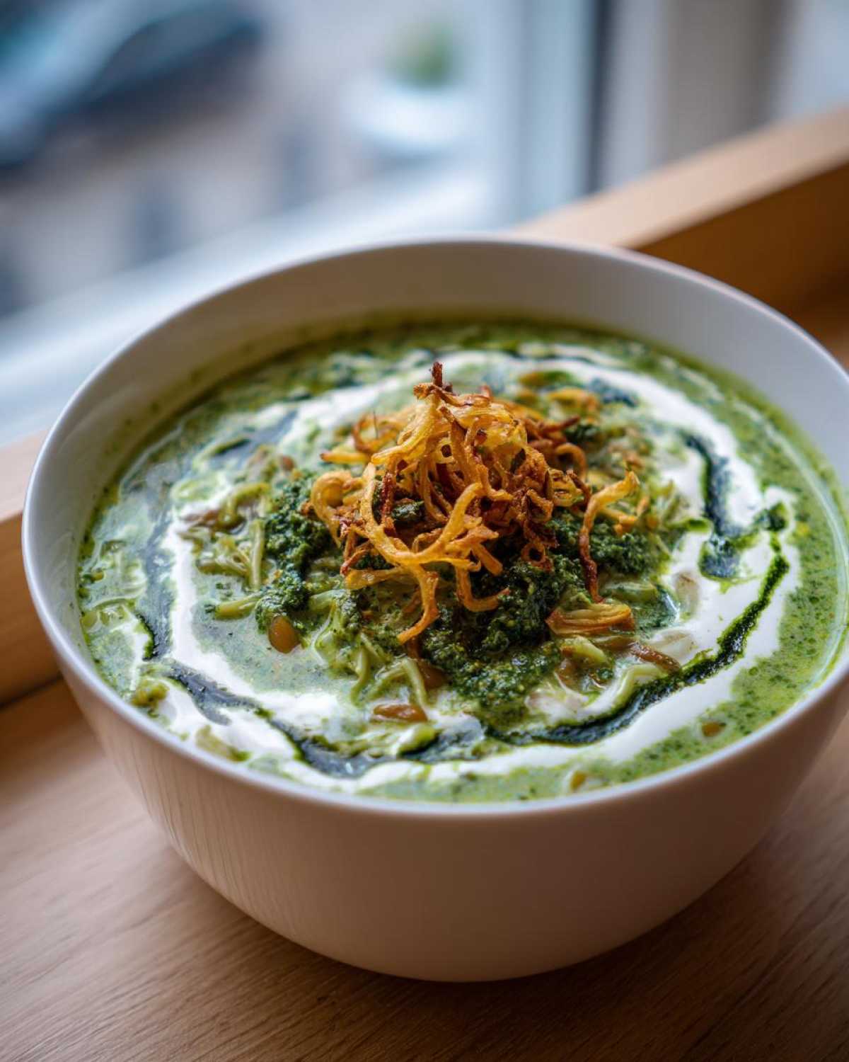 Close-up of a bowl of green Persian noodle soup topped with yogurt swirls and crispy fried onions.