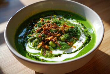 A close-up of a bowl of bright green Persian noodle soup topped with yogurt, herbs, and crispy fried onions.
