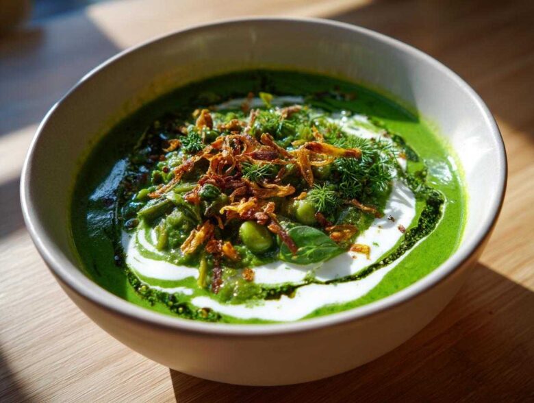 A close-up of a bowl of bright green Persian noodle soup topped with yogurt, herbs, and crispy fried onions.
