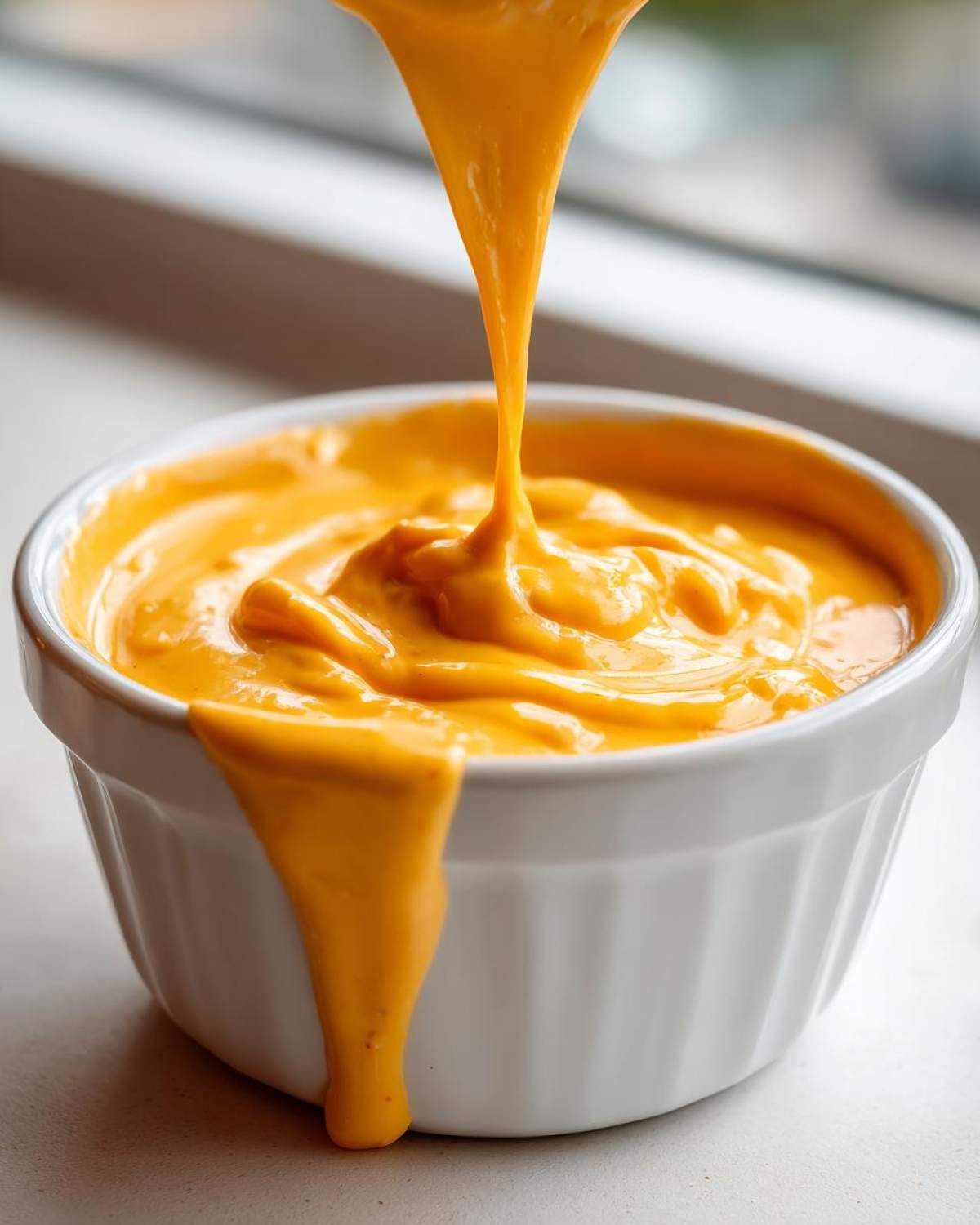 Close-up of thick, vibrant orange nacho cheese sauce being poured into a small white ramekin.