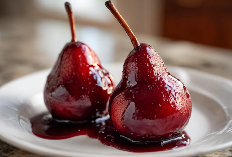 Close-up of two glistening, deep red wine poached pears served on a white plate with syrup.
