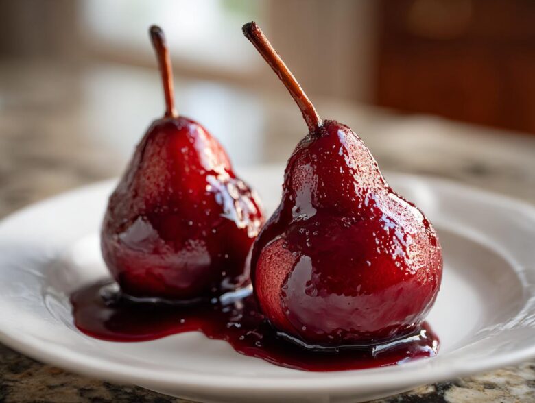 Close-up of two glistening, deep red wine poached pears served on a white plate with syrup.