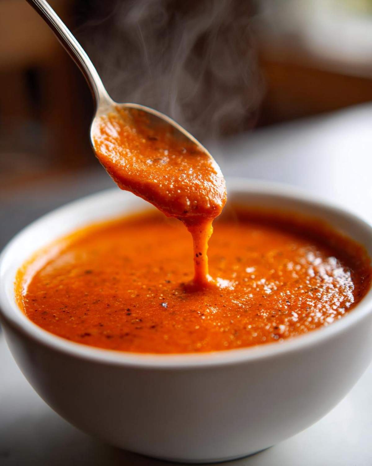 A spoonful of thick, vibrant orange roasted tomato soup is lifted from a white bowl, showing steam rising.