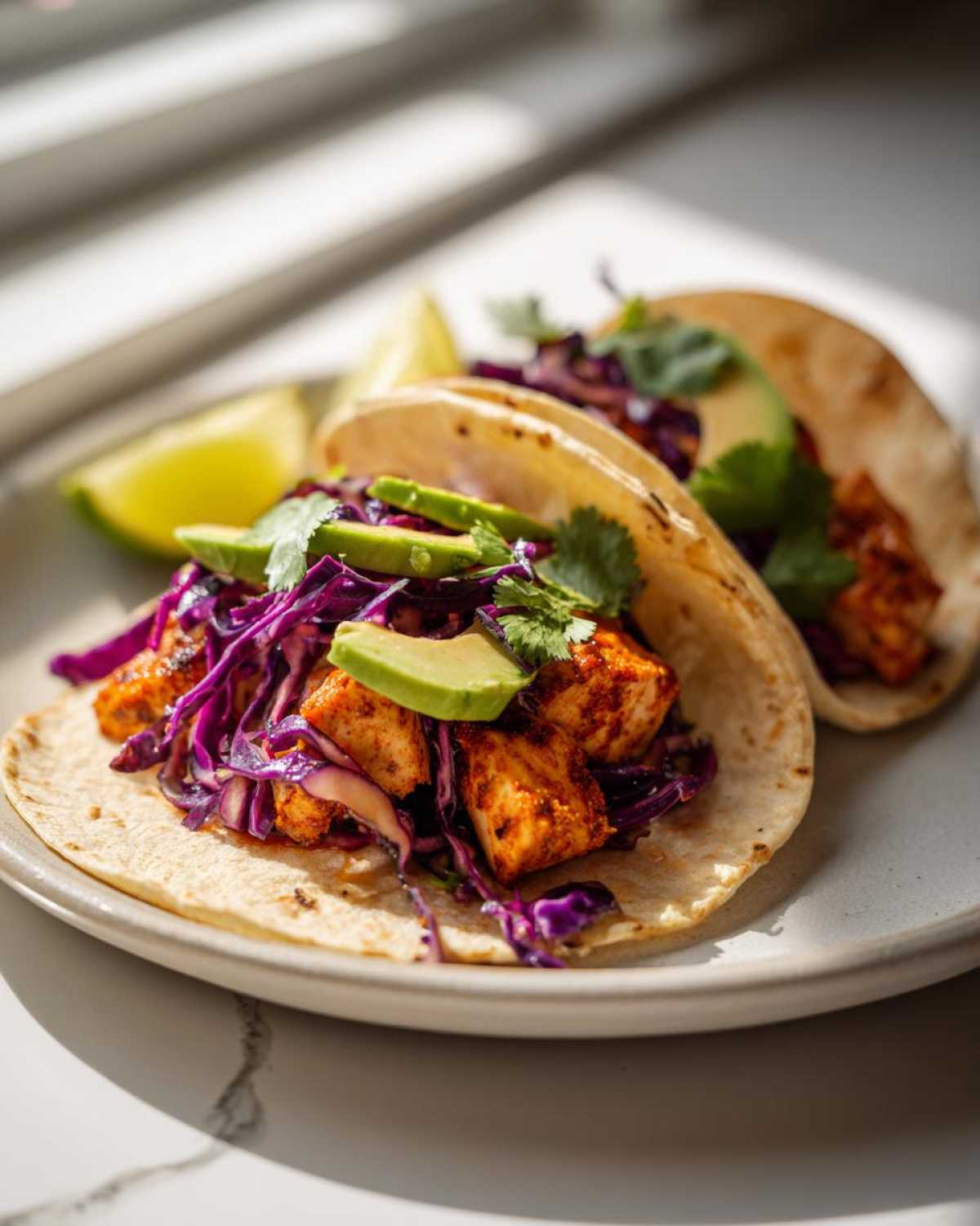 Two delicious salmon tacos filled with seasoned salmon chunks, shredded purple cabbage, avocado slices, and cilantro, served with lime wedges.
