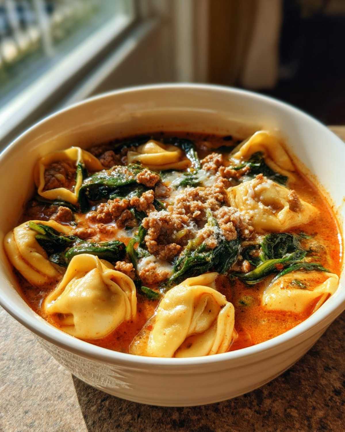 Close-up of a white bowl filled with rich, creamy sausage tortellini soup, featuring tortellini, crumbled sausage, and wilted spinach.