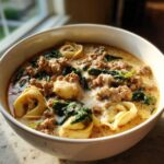 Close-up of a hearty bowl of sausage tortellini soup with spinach in a creamy broth.