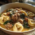 A close-up, sunlit view of a creamy bowl of sausage tortellini soup, topped with ground sausage, spinach, and grated Parmesan.