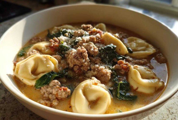 A close-up, sunlit view of a creamy bowl of sausage tortellini soup, topped with ground sausage, spinach, and grated Parmesan.