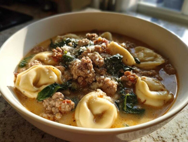 A close-up, sunlit view of a creamy bowl of sausage tortellini soup, topped with ground sausage, spinach, and grated Parmesan.