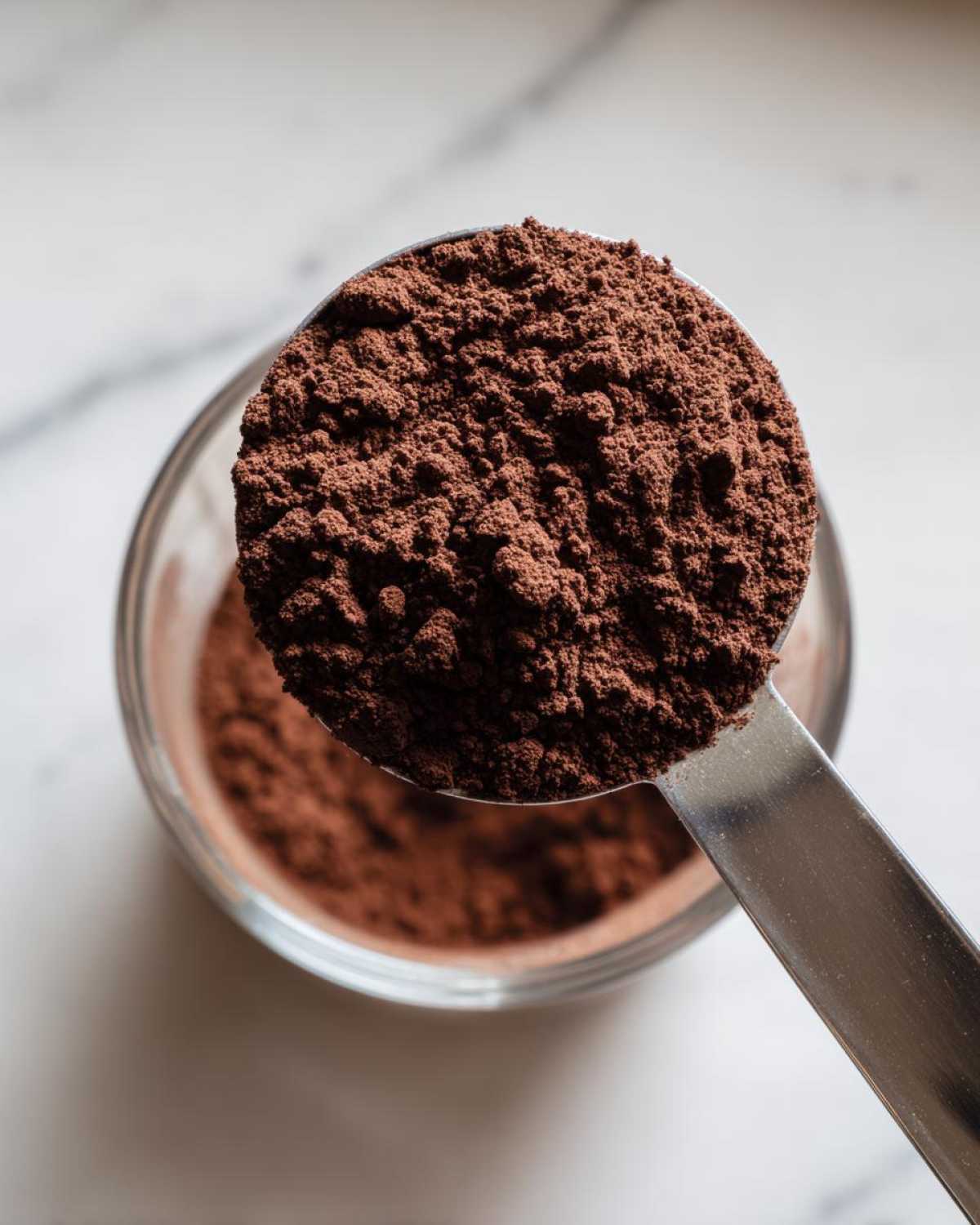 Close-up overhead shot of a metal measuring spoon overflowing with rich brown hot cocoa mix powder.