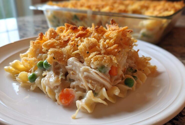 A serving of creamy chicken noodle casserole topped with crispy fried onions sits on a white plate, with the baking dish visible in the background.