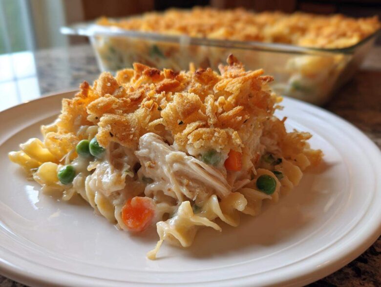 A serving of creamy chicken noodle casserole topped with crispy fried onions sits on a white plate, with the baking dish visible in the background.