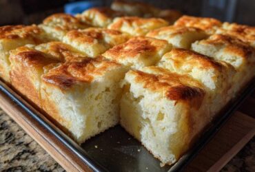 Close-up of fluffy, golden-brown sheet pan pancakes cut into individual squares on a dark baking tray.