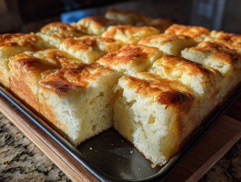 Close-up of fluffy, golden-brown sheet pan pancakes cut into individual squares on a dark baking tray.