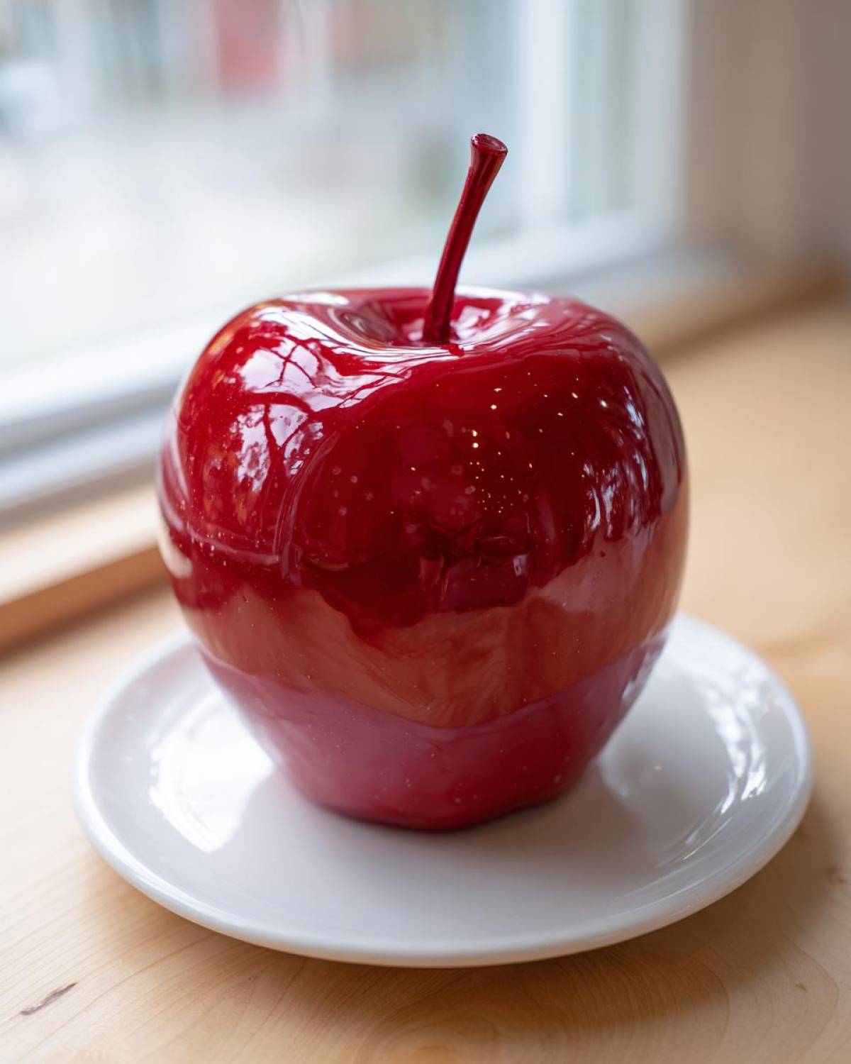 A shiny, deep red candy apple resting on a small white saucer, showcasing a crack-free, glossy coating.