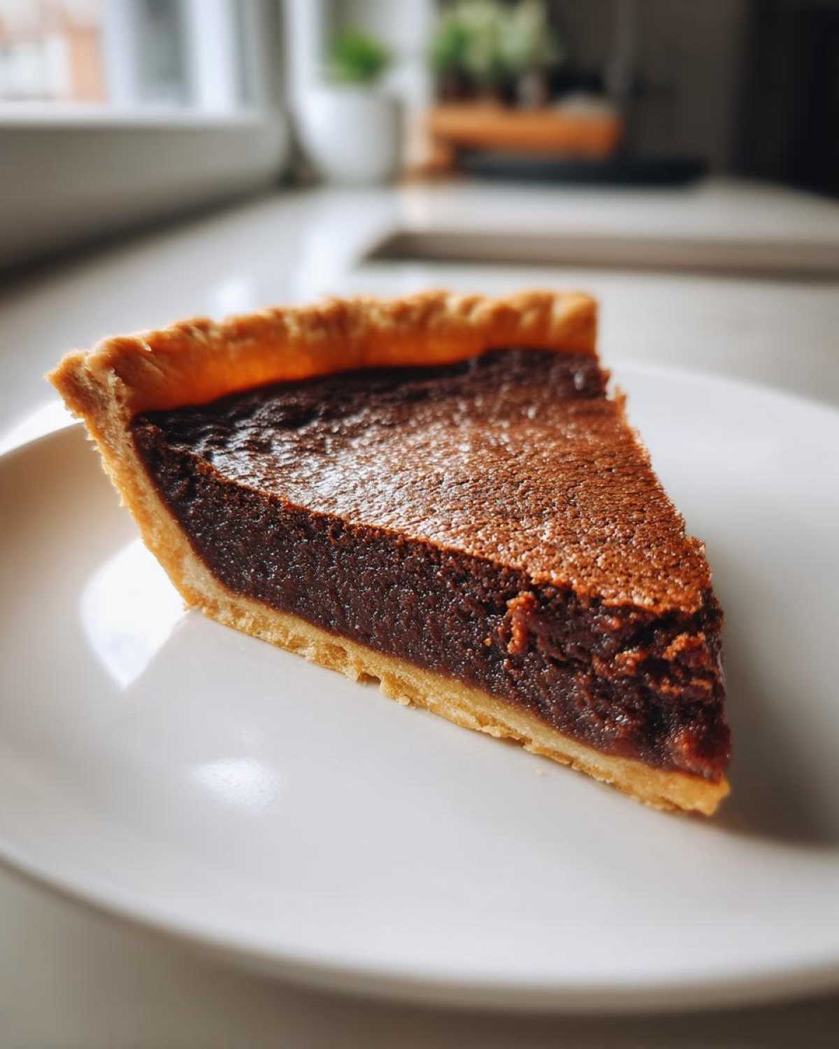 A close-up of a single slice of rich, dark chocolate chess pie with a flaky crust, sitting on a white plate.