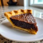 A single slice of rich, dark chocolate chess pie with a flaky crust served on a white plate.