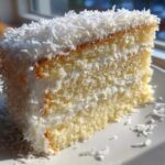 Close-up of a moist slice of coconut cake recipe, layered with white frosting and covered in shredded coconut.
