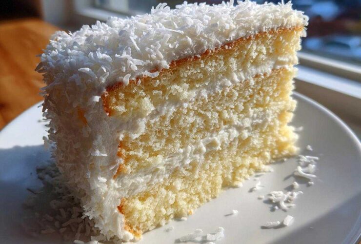 Close-up of a moist slice of coconut cake recipe, layered with white frosting and covered in shredded coconut.