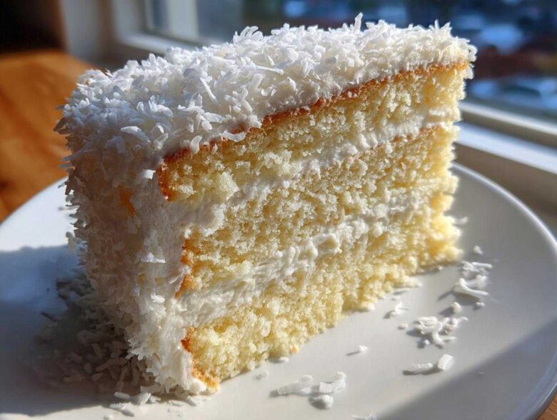 Close-up of a moist slice of coconut cake recipe, layered with white frosting and covered in shredded coconut.